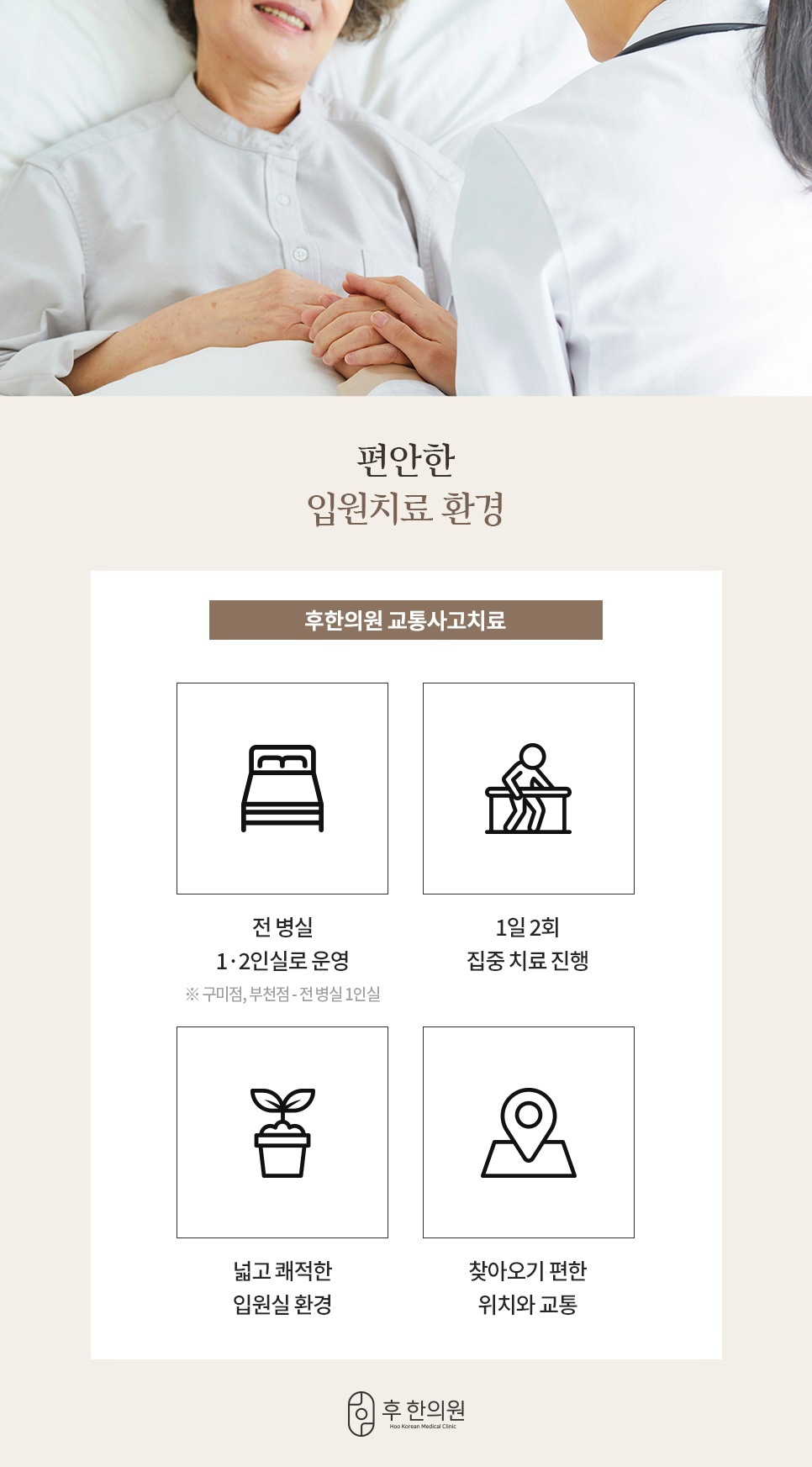 1·2인실, 1일 2회 집중 치료, 쾌적한 환경과 위치를 안내한 입원치료 환경