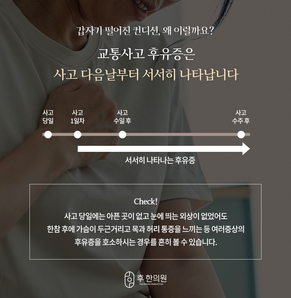 사고 당일부터 수주 후까지 시간이 지나며 서서히 나타나는 후유증 진행 타임라인